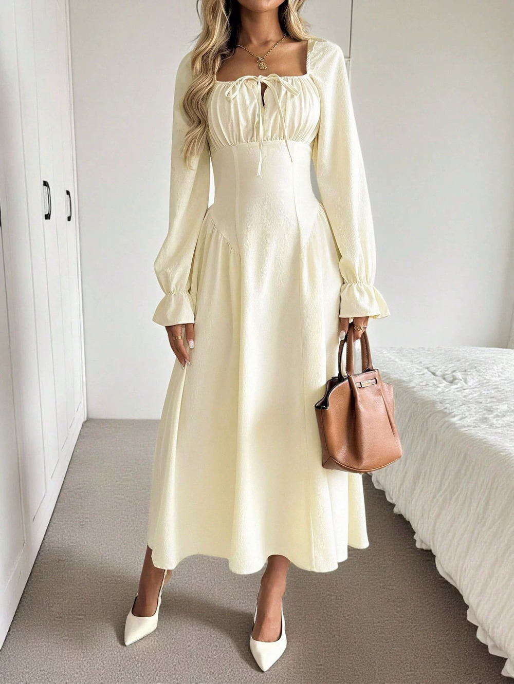 ZARA Soft Square Neck Tie Front Long Sleeve Ruched Waist Flared Dress